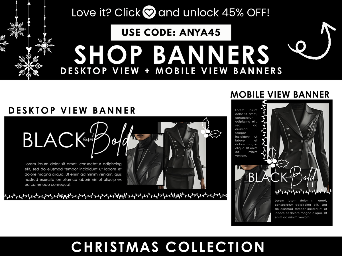 Christmas Website Banners | Black & White Christmas Website | Canva Templates | BBv1 | Luxury Black Shopify
