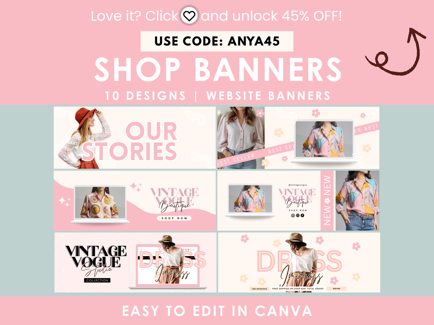 website banners | pink shopify store banners templates | vintage vogue studio collection