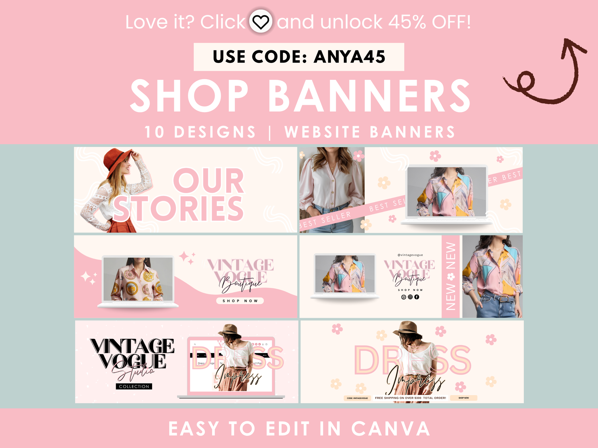 Website Banners | Pink Shopify Store Banners Templates | Vintage Vogue Studio Collection