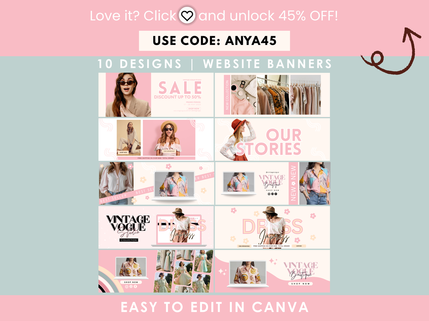 website banners | pink shopify store banners templates | vintage vogue studio collection