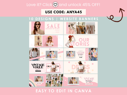 Website Banners | Pink Shopify Store Banners Templates | Vintage Vogue Studio Collection