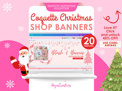Pink Christmas Coquette Website Banner Templates | Feminine Holiday Canva Website Banners | Pastel Christmas Shopify, Wix, Blog Headers