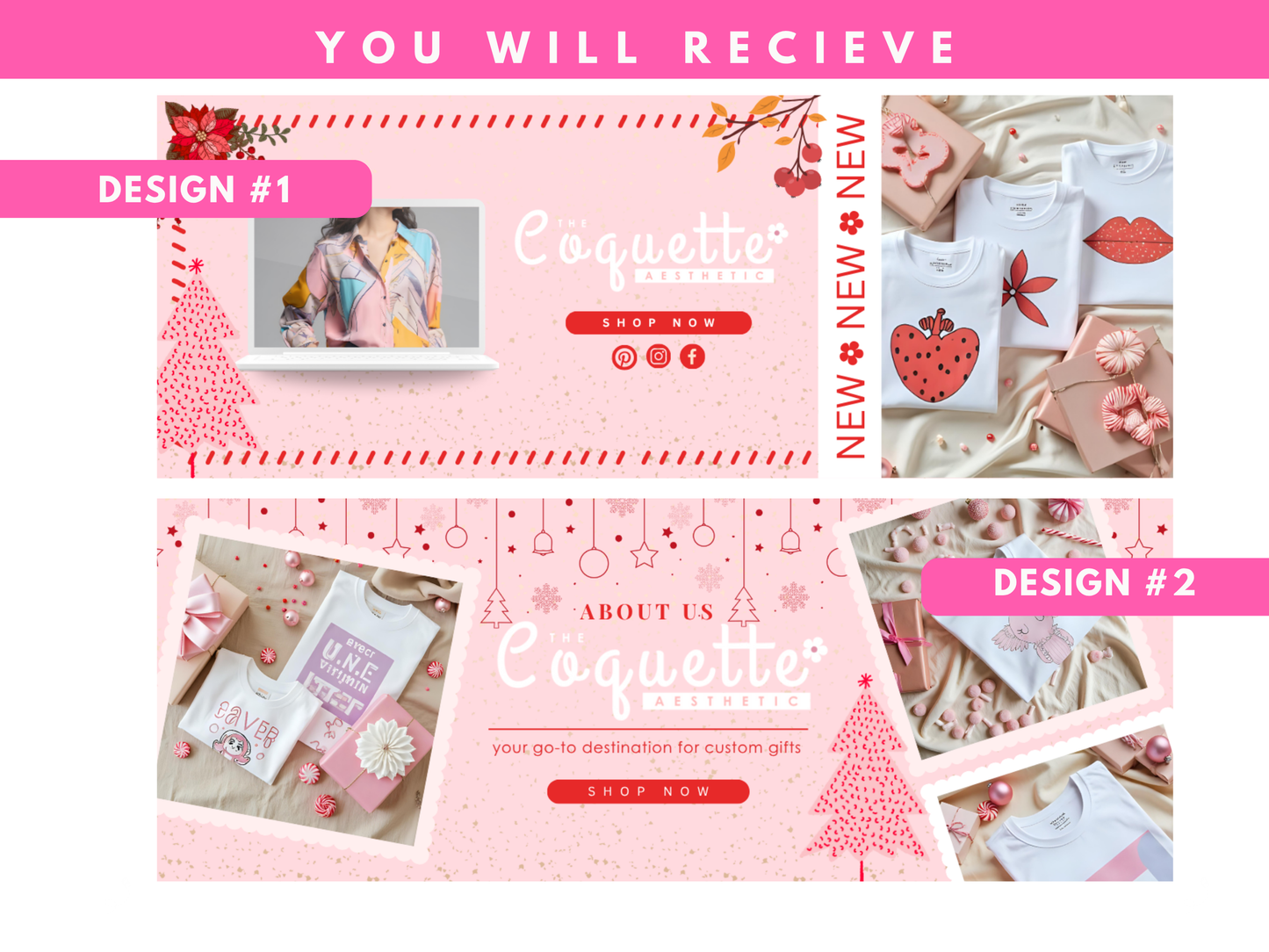 pink christmas coquette website banner templates | feminine holiday canva website banners | pastel christmas shopify, wix, blog headers