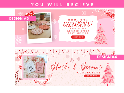 Pink Christmas Coquette Website Banner Templates | Feminine Holiday Canva Website Banners | Pastel Christmas Shopify, Wix, Blog Headers