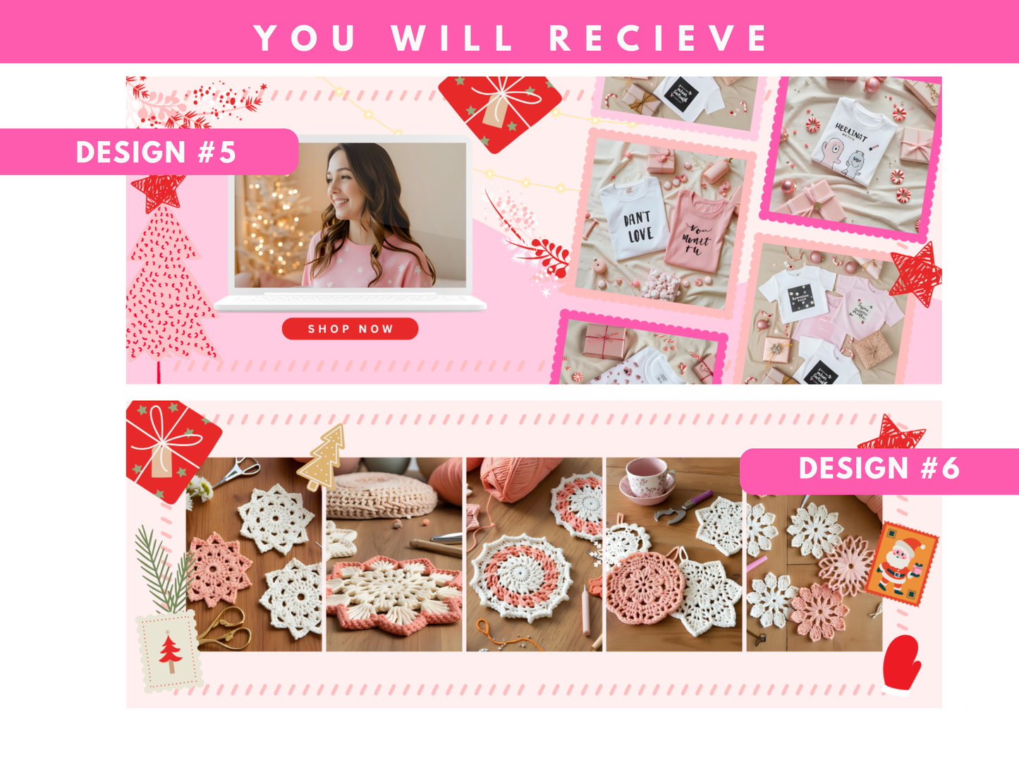 pink christmas coquette website banner templates | feminine holiday canva website banners | pastel christmas shopify, wix, blog headers