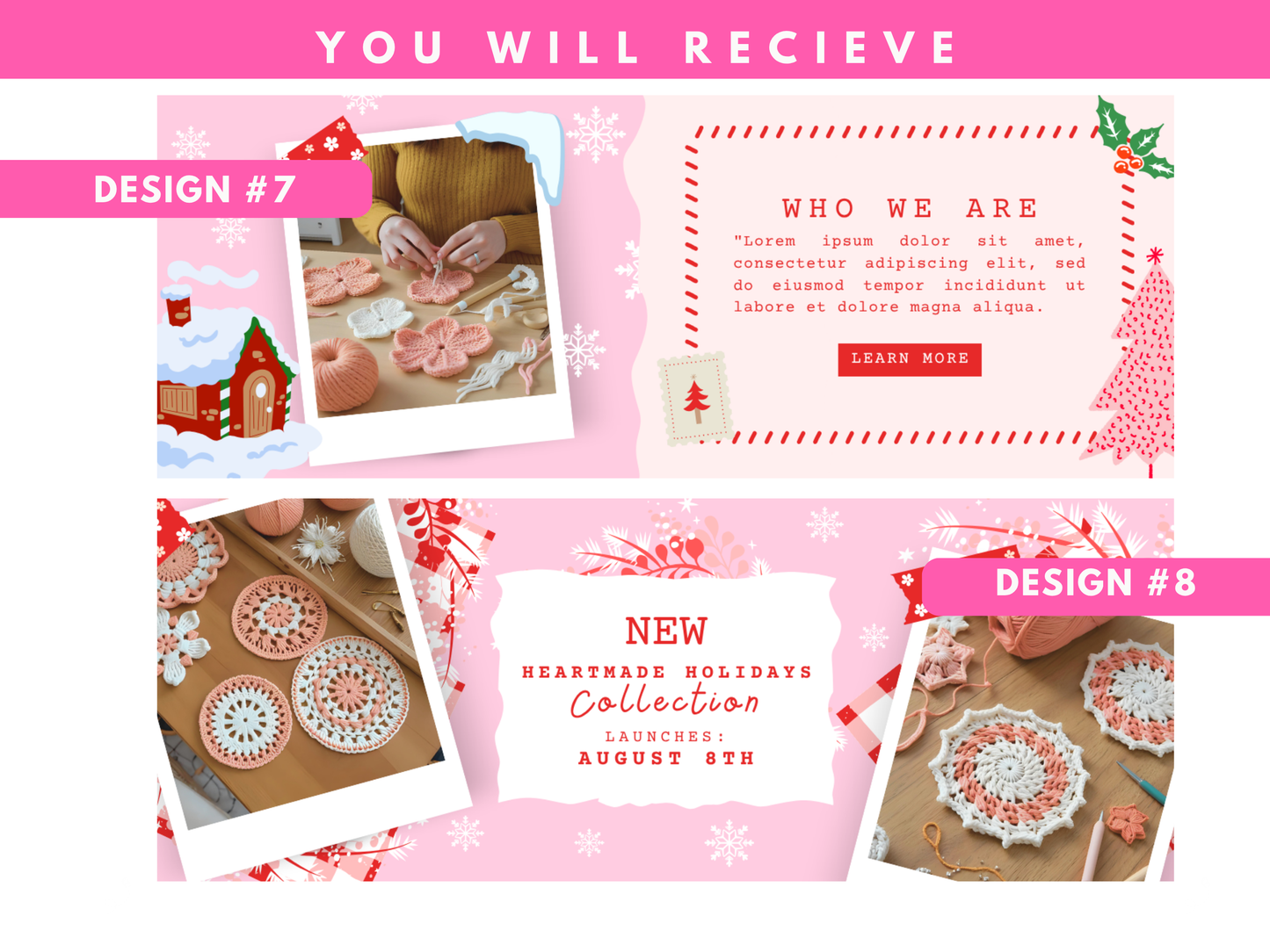 pink christmas coquette website banner templates | feminine holiday canva website banners | pastel christmas shopify, wix, blog headers