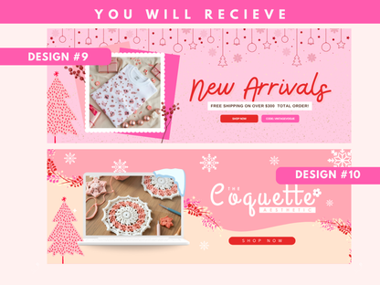 Pink Christmas Coquette Website Banner Templates | Feminine Holiday Canva Website Banners | Pastel Christmas Shopify, Wix, Blog Headers