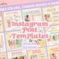 Blush & Bloom Instagram post templates by ANYACREATIVES, featuring pastel pink, lavender, mint, peach, and yellow scrapbook designs with daisies, hearts, stars, and paper accents. Preview posts include a greeting, customer review, and new collection announcement.