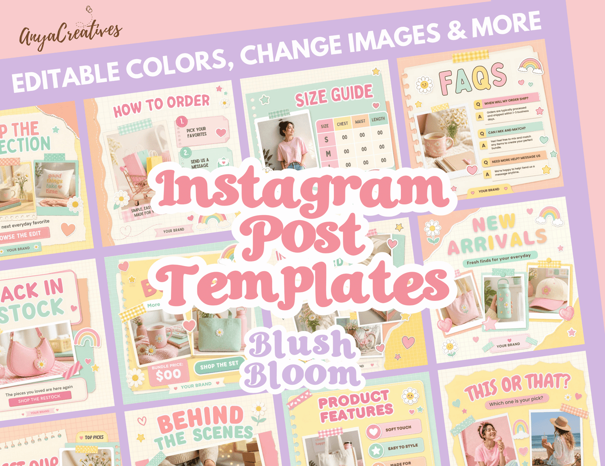 Blush & Bloom Instagram post templates by ANYACREATIVES, featuring pastel pink, lavender, mint, peach, and yellow scrapbook designs with daisies, hearts, stars, and paper accents. Preview posts include a greeting, customer review, and new collection announcement.