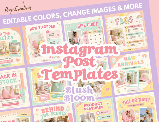 Blush & Bloom Instagram post templates by ANYACREATIVES, featuring pastel pink, lavender, mint, peach, and yellow scrapbook designs with daisies, hearts, stars, and paper accents. Preview posts include a greeting, customer review, and new collection announcement.