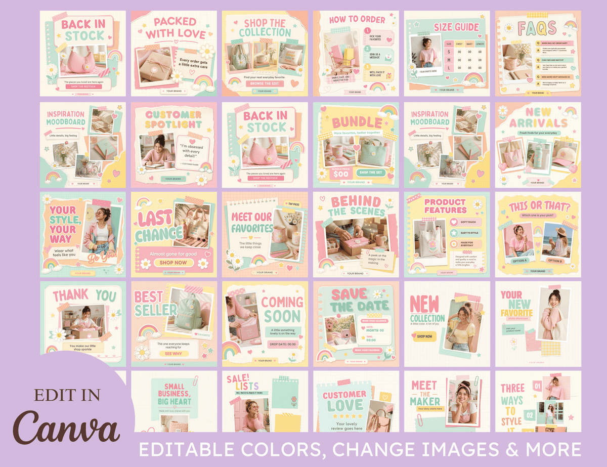 Blush & Bloom Instagram post templates by ANYACREATIVES, featuring pastel pink, lavender, mint, peach, and yellow scrapbook designs with daisies, hearts, stars, and paper accents. Preview posts include a greeting, customer review, and new collection announcement.