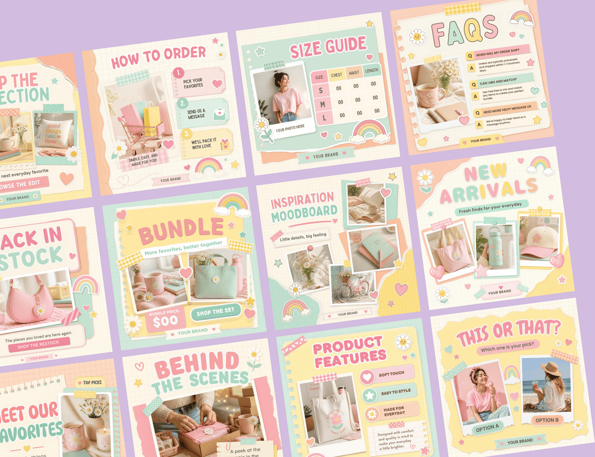 Blush & Bloom Instagram post templates by ANYACREATIVES, featuring pastel pink, lavender, mint, peach, and yellow scrapbook designs with daisies, hearts, stars, and paper accents. Preview posts include a greeting, customer review, and new collection announcement.