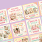 Blush & Bloom Instagram post templates by ANYACREATIVES, featuring pastel pink, lavender, mint, peach, and yellow scrapbook designs with daisies, hearts, stars, and paper accents. Preview posts include a greeting, customer review, and new collection announcement.