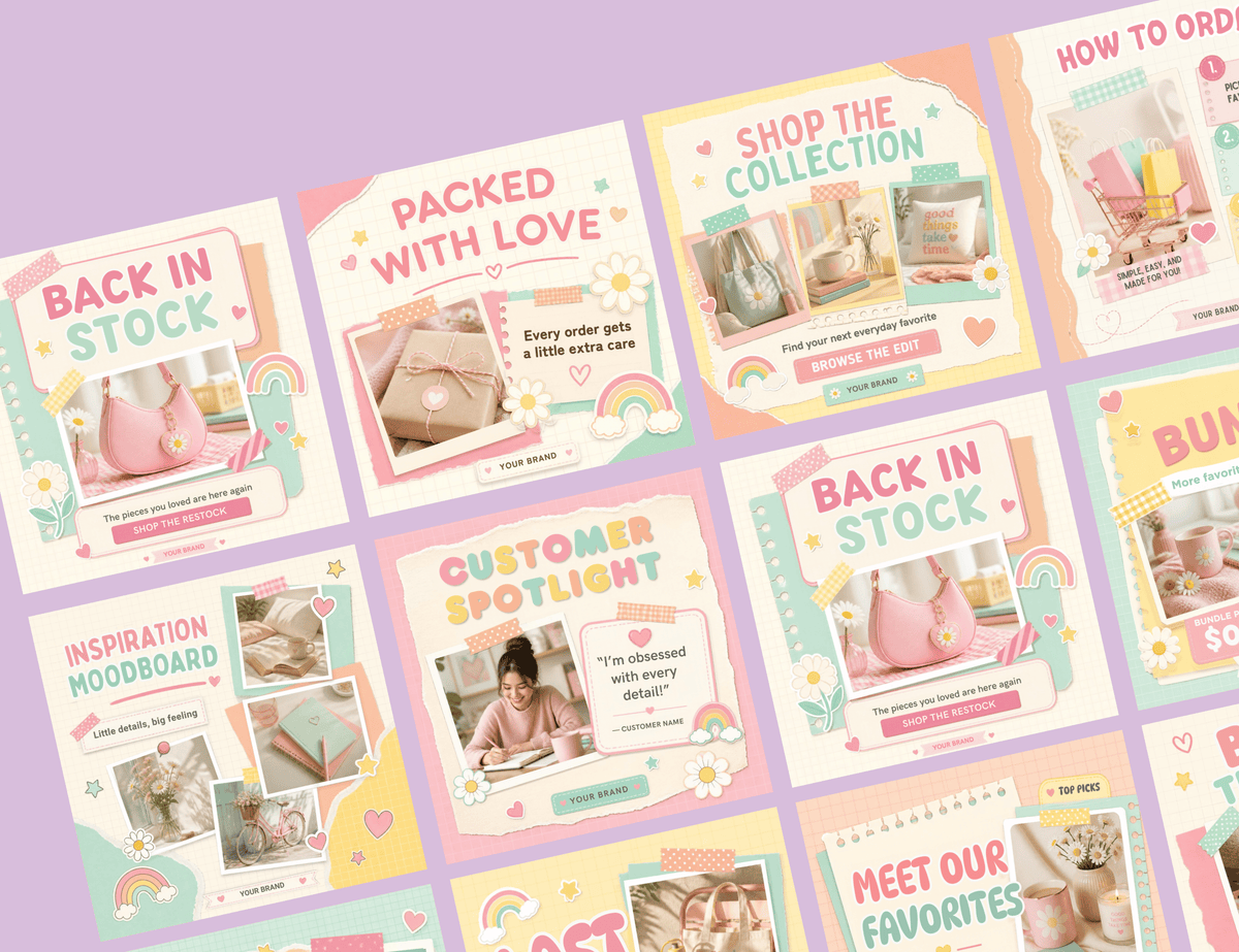 Blush & Bloom Instagram post templates by ANYACREATIVES, featuring pastel pink, lavender, mint, peach, and yellow scrapbook designs with daisies, hearts, stars, and paper accents. Preview posts include a greeting, customer review, and new collection announcement.