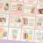Blush & Bloom Instagram post templates by ANYACREATIVES, featuring pastel pink, lavender, mint, peach, and yellow scrapbook designs with daisies, hearts, stars, and paper accents. Preview posts include a greeting, customer review, and new collection announcement.