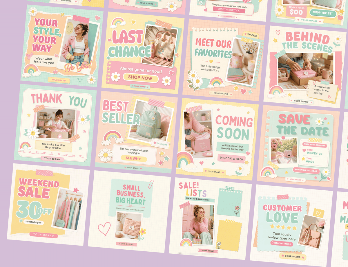 Blush & Bloom Instagram post templates by ANYACREATIVES, featuring pastel pink, lavender, mint, peach, and yellow scrapbook designs with daisies, hearts, stars, and paper accents. Preview posts include a greeting, customer review, and new collection announcement.
