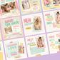 Blush & Bloom Instagram post templates by ANYACREATIVES, featuring pastel pink, lavender, mint, peach, and yellow scrapbook designs with daisies, hearts, stars, and paper accents. Preview posts include a greeting, customer review, and new collection announcement.