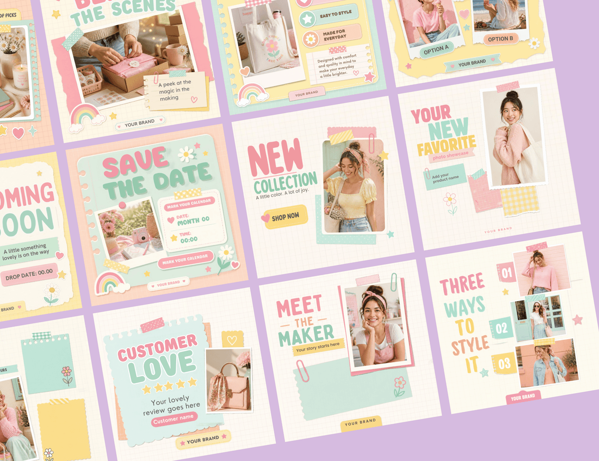 Blush & Bloom Instagram post templates by ANYACREATIVES, featuring pastel pink, lavender, mint, peach, and yellow scrapbook designs with daisies, hearts, stars, and paper accents. Preview posts include a greeting, customer review, and new collection announcement.