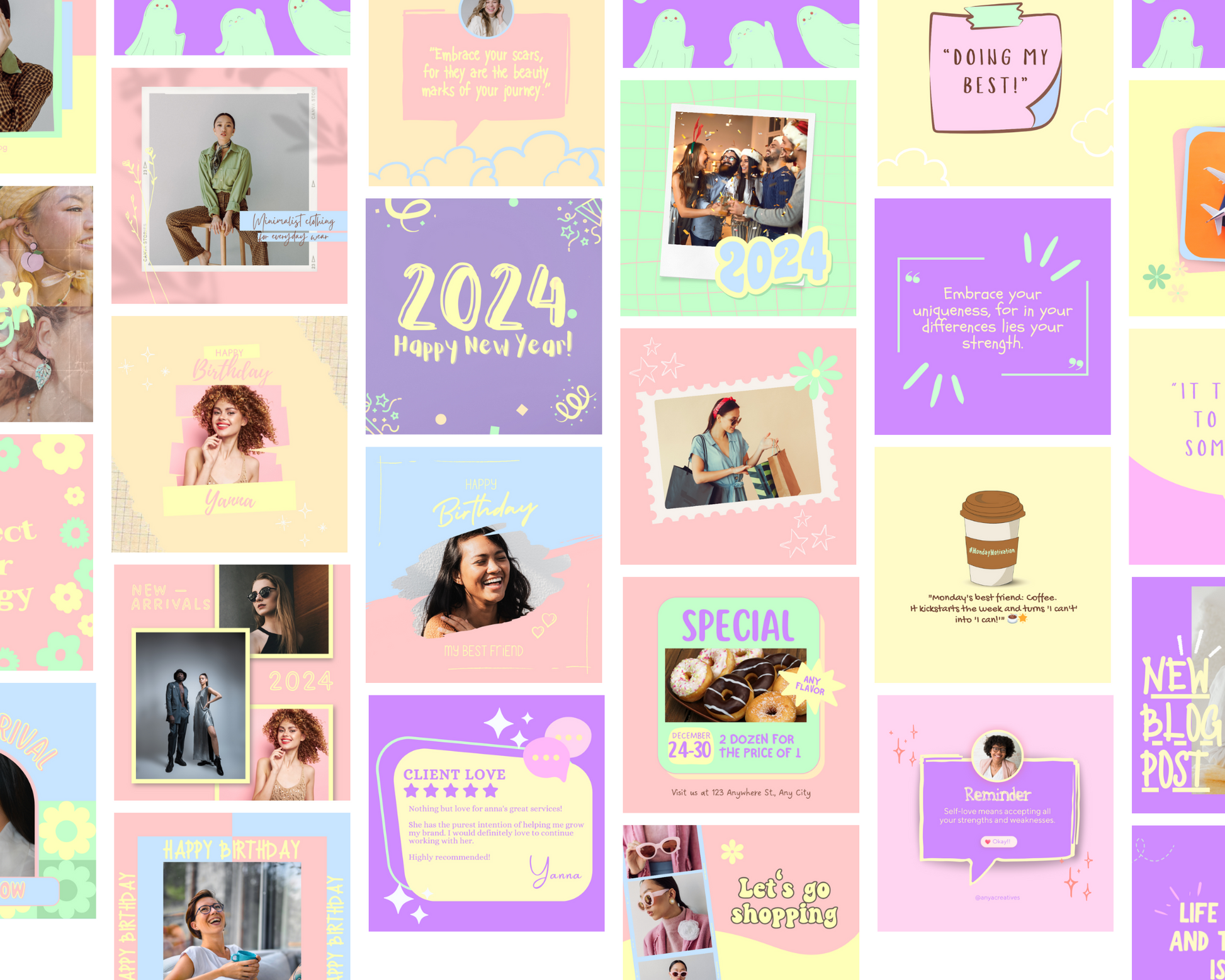 Rainbow Instagram Post Templates to edit in Canva. Get creative with your Instagram post ideas and create eye-catching images and positive quotes using these Canva templates for Instagram. Perfect for fun playful branding and small business Instagram pages.