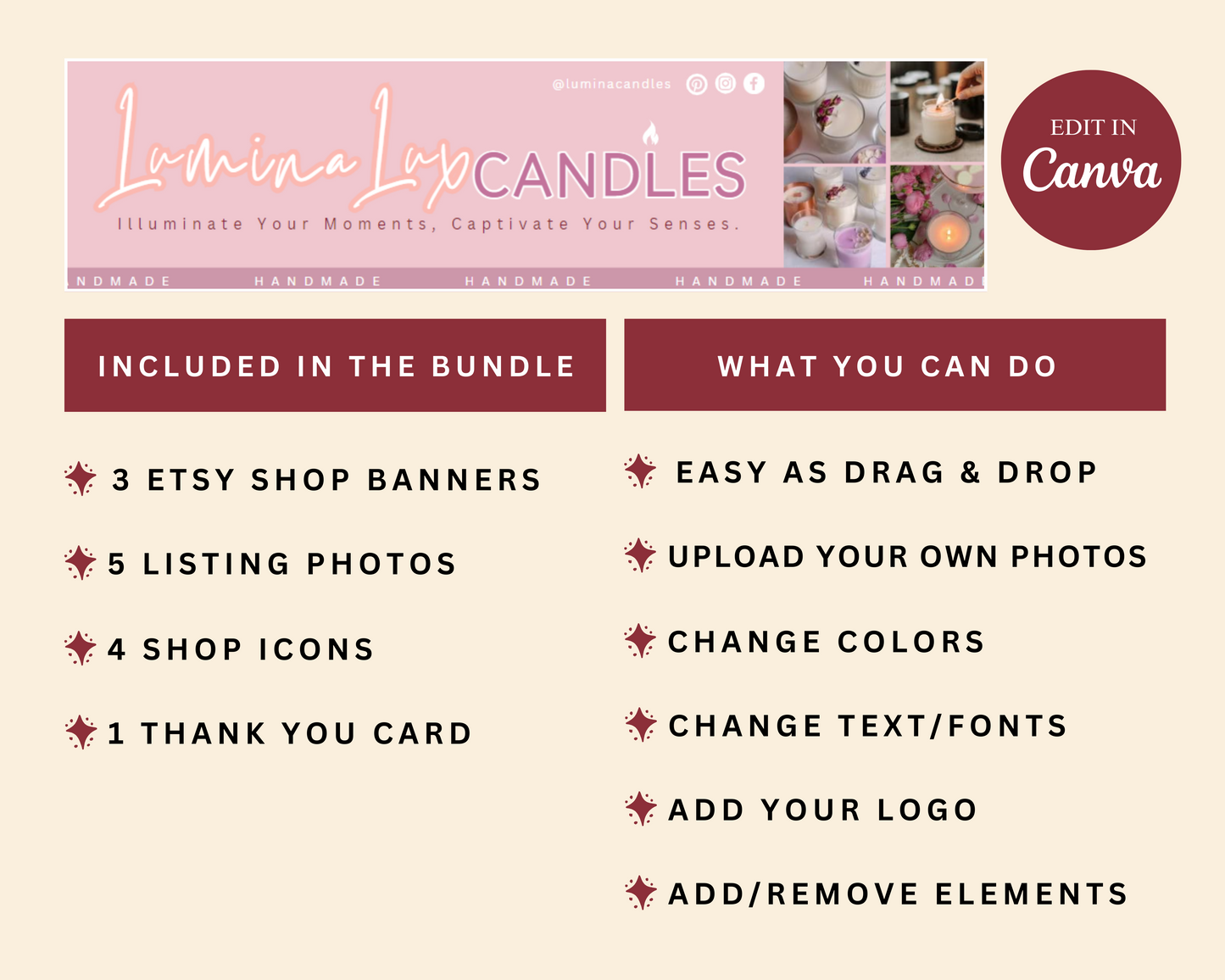 etsy shop kit plum perfection candles etsy shop banner canva template minimalist branding bundle listing plum perfection handmade produ