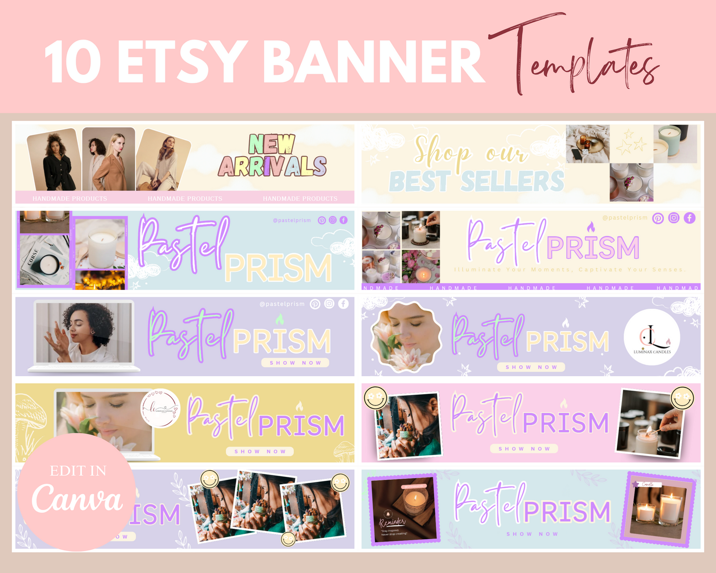etsy shop banner templates pastel prism rainbow