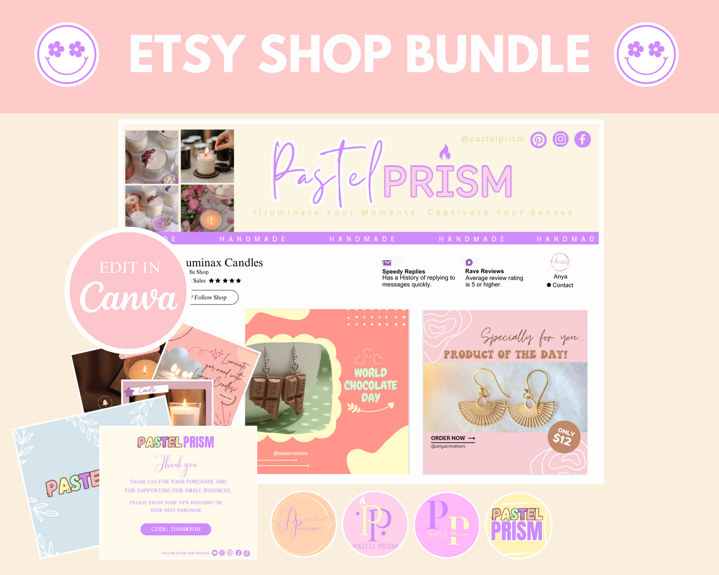 etsy shop banner templates pastel prism rainbow