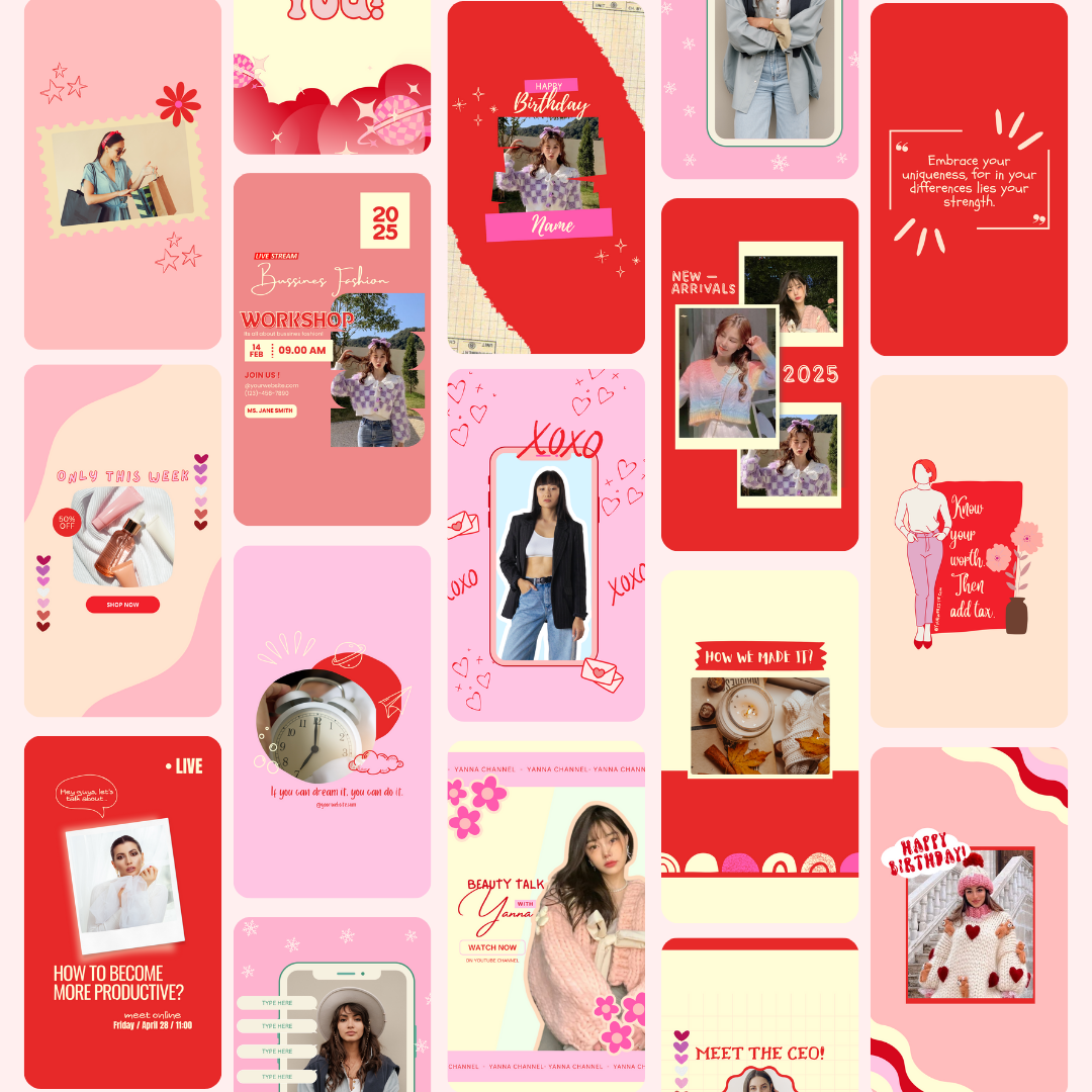 valentine’s instagram bundle - 100+ romantic canva templates in a gorgeous red palette