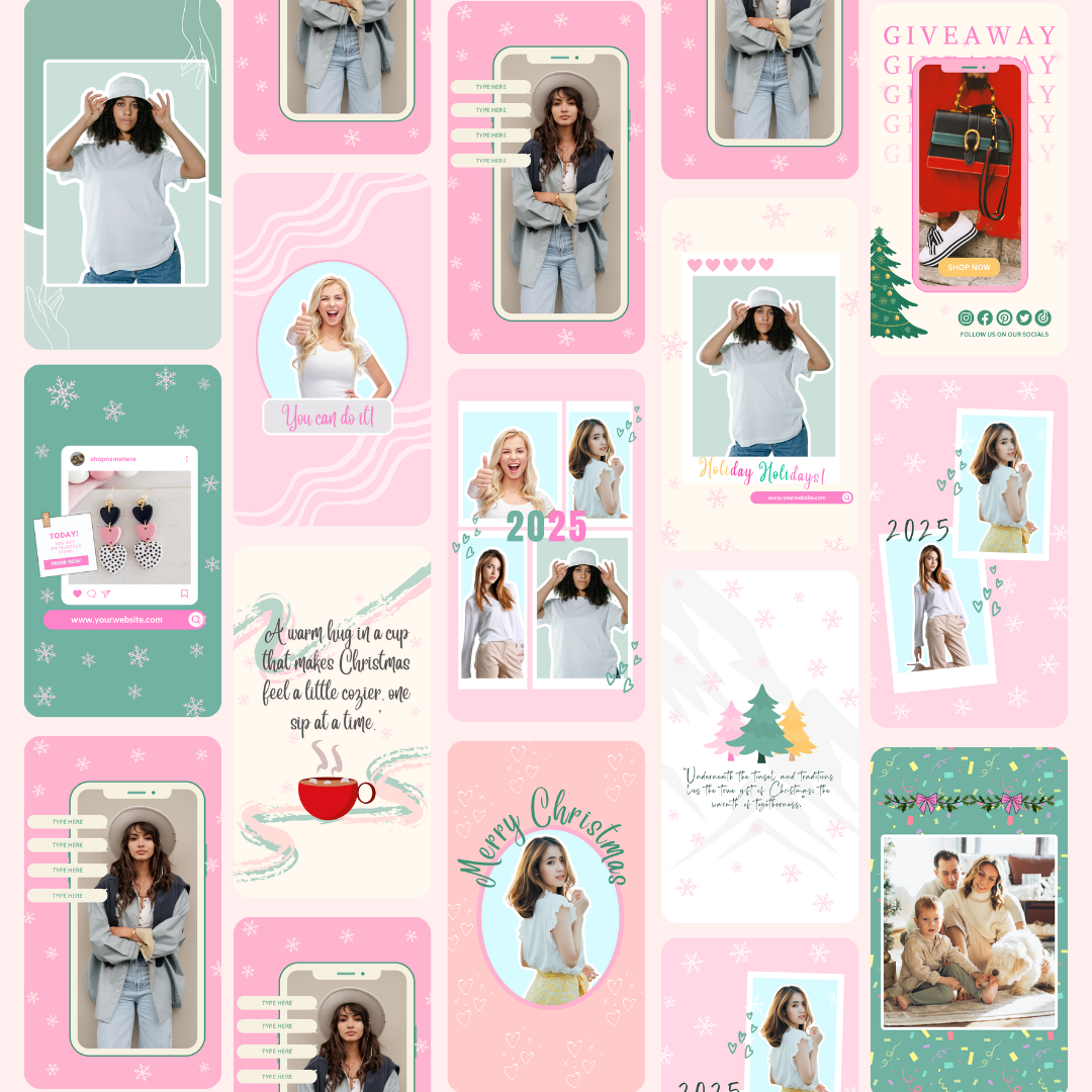 christmas instagram bundle - canva templates - holiday content, pink christmas instagram