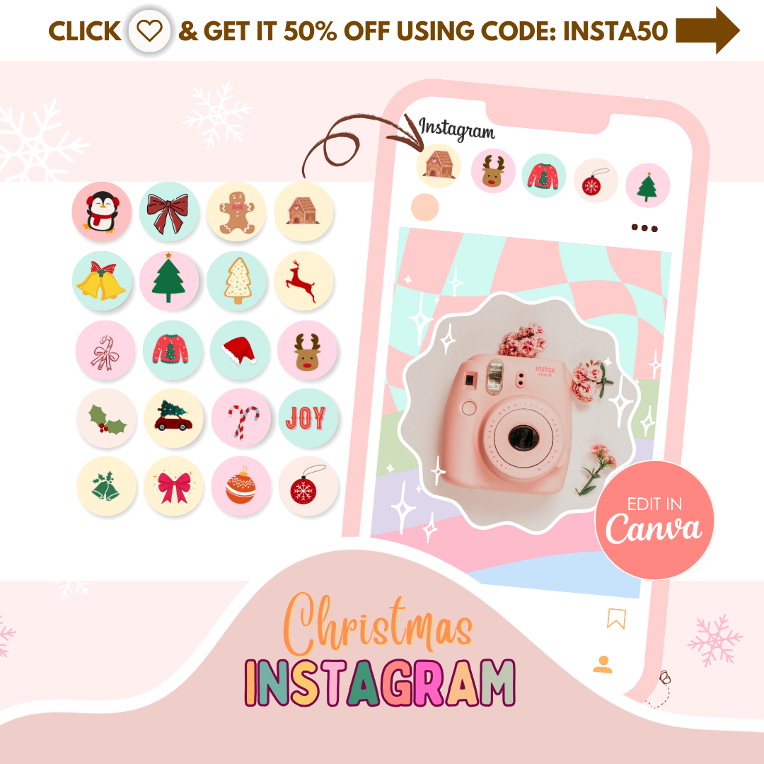 christmas instagram bundle - canva templates - holiday content, pink christmas instagram