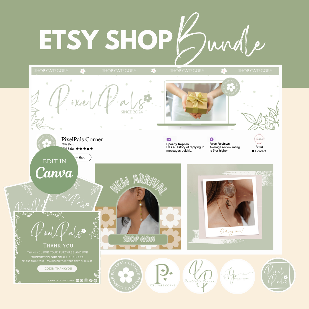 cottagecore sage green editable etsy branding kit template