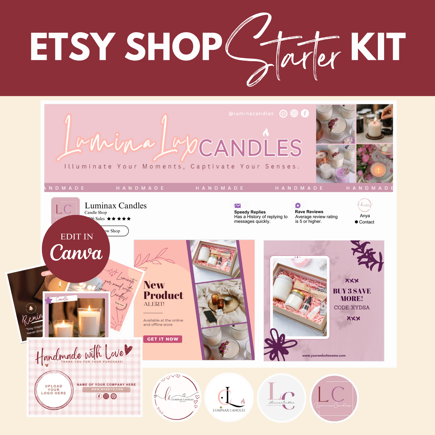 etsy shop kit plum perfection candles etsy shop banner canva template minimalist branding bundle listing plum perfection handmade produ