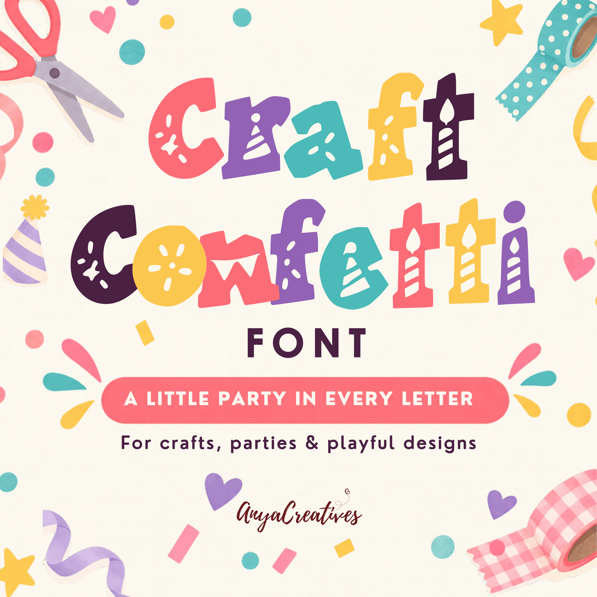 Craft Confetti chunky display font with colorful letters and decorative dots, stripes, and zigzags