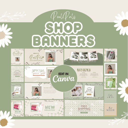 Aesthetic Shopify Store Banners Designs -  Cottagecore Shop Banners - Shop Banner Templates for Digital Products Canva