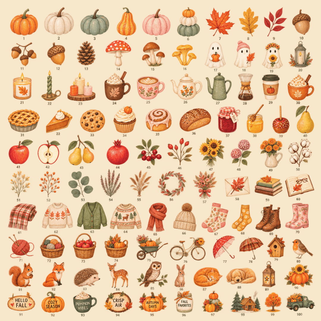 fall png bundle – 100 watercolor-style autumn stickers | ambrelora fall