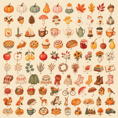 Fall PNG Bundle – 100 Watercolor-Style Autumn Stickers | Ambrelora Fall