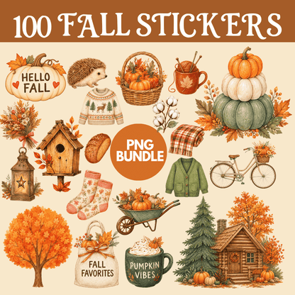 Fall PNG Bundle – 100 Watercolor-Style Autumn Stickers | Ambrelora Fall
