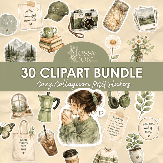 Mossy Nook Cottagecore Sticker Pack – 30 Cozy Watercolor PNG Stickers
