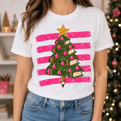Book Lover Christmas Tree PNG – Preppy Pink Holiday Sublimation Design