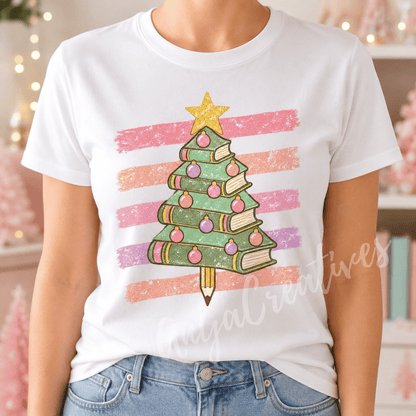 Pastel Book Lover Christmas Tree PNG – Teacher Holiday Sublimation Design