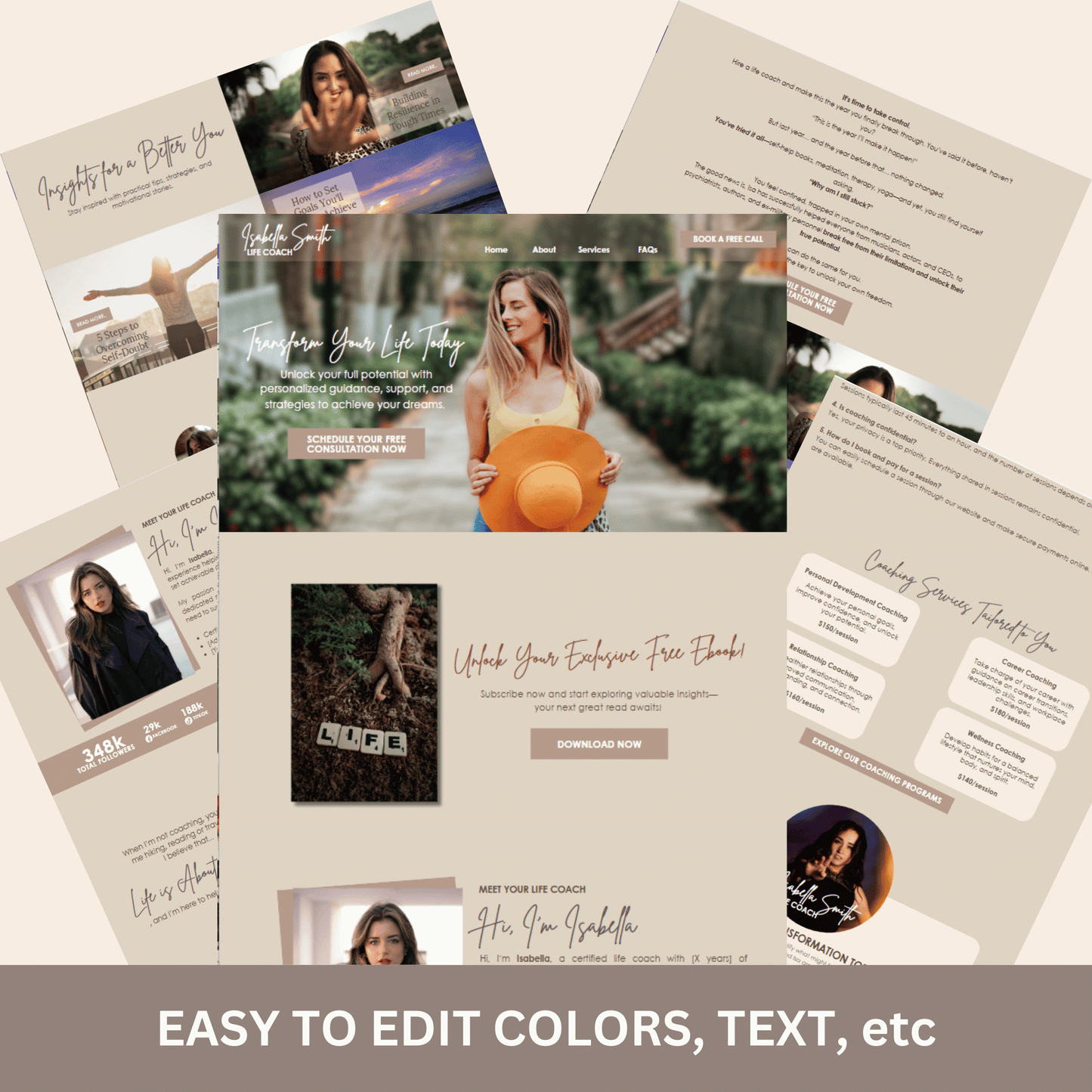 canva website template for coaches, landing page template, life coach template, coaching program service, canva website template