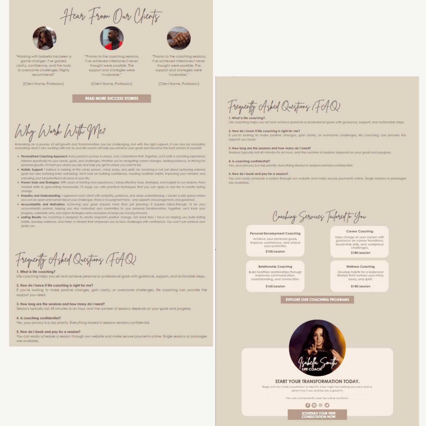 canva website template for coaches, landing page template, life coach template, coaching program service, canva website template