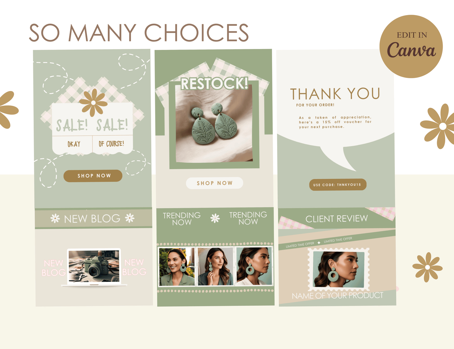 sage green email marketing templates - pastel mailing list design - shopify mailchimp flodesk - canva newsletter template - pixel pals