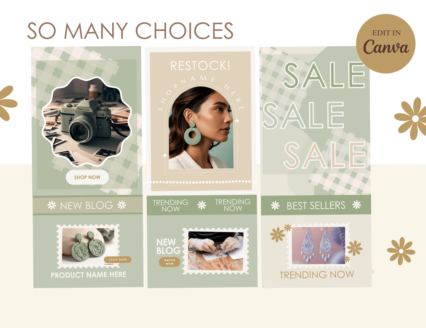 sage green email marketing templates - pastel mailing list design - shopify mailchimp flodesk - canva newsletter template - pixel pals