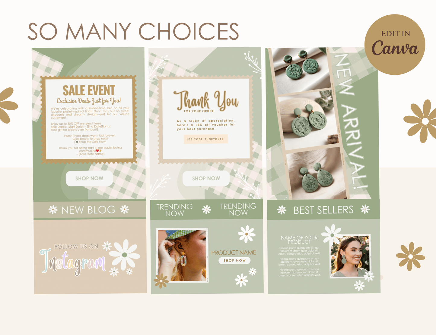 sage green email marketing templates - pastel mailing list design - shopify mailchimp flodesk - canva newsletter template - pixel pals