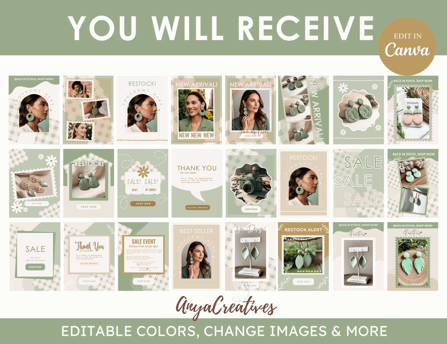 sage green email marketing templates - pastel mailing list design - shopify mailchimp flodesk - canva newsletter template - pixel pals