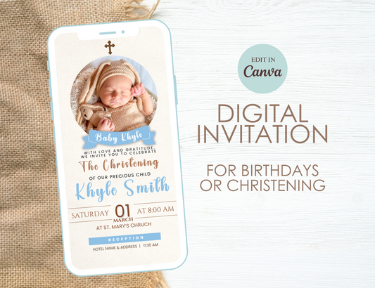 Digital Christening Invitation for boys, Template Baby Boy Baptism ,Editable Baptism Evite, Phone Baptism Photo Invitation, Download