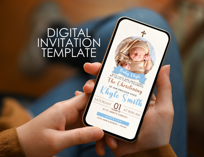 Digital Christening Invitation for boys, Template Baby Boy Baptism ,Editable Baptism Evite, Phone Baptism Photo Invitation, Download